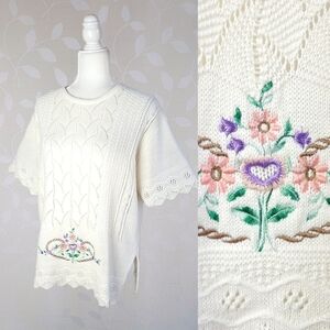 Cottagecore Embroidered Knit Top – Cream Crochet Vintage 70s Short Sleeve XL Cap